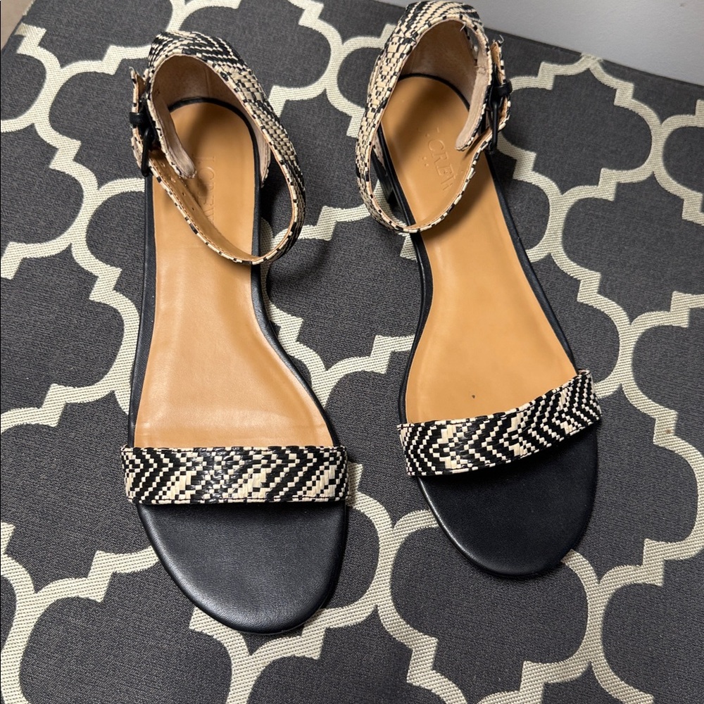 J. Crew Black and Cream Raffia Sandals